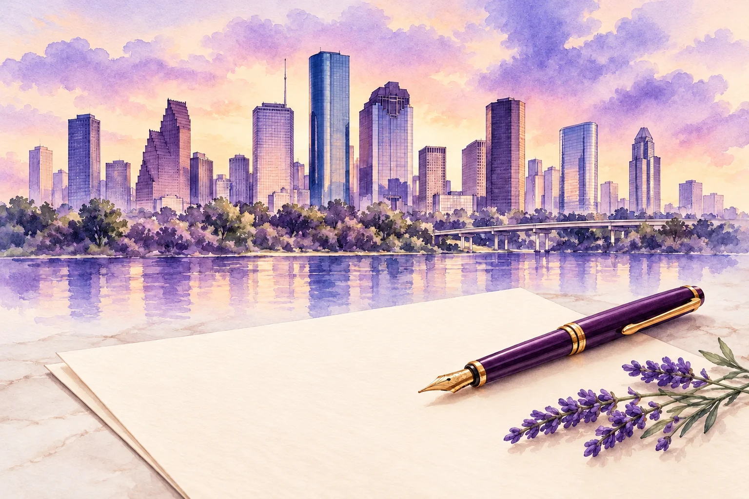 Houston skyline in soft lavender above a fountain pen, paper, and lavender flowers